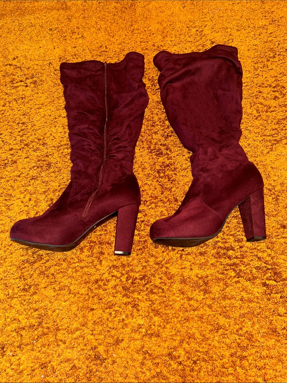 Women's Burgundy Suede Mid-Calf Block Heel Boots